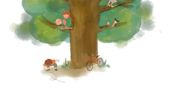 Illustratie met spelende kinderen in een boom.