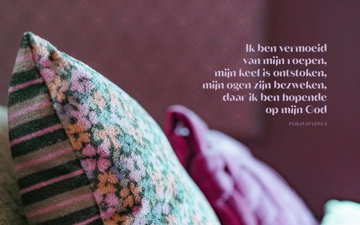 Kussens tegen een paarse achtergrond met daarop in tekst Psalm 69:4