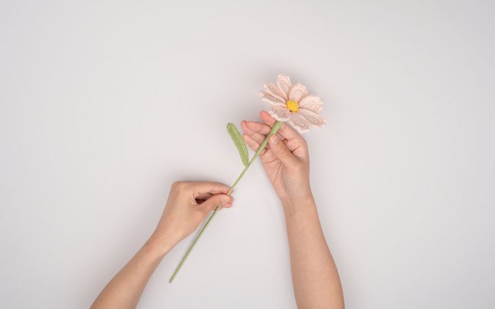 Twee handen die een zachtroze, gehaakte bloem vasthouden. De bloem heeft een lange, lichtgroene steel en een geel hart. 