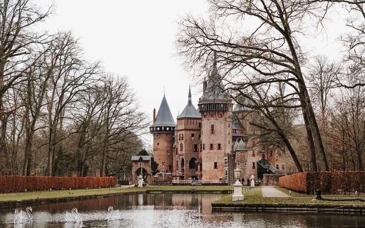 Groot kasteel met meerdere torens. Op de voorgrond een waterpartij met daarin sculpturen van zwanen. Rondom kale bomen.